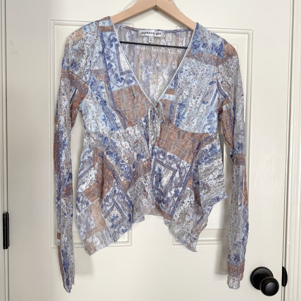 NWT Madden Girl L Y2K‎ Sheer LS Crop Top Whimsigoth Bow Blue Lace Sheer Mesh